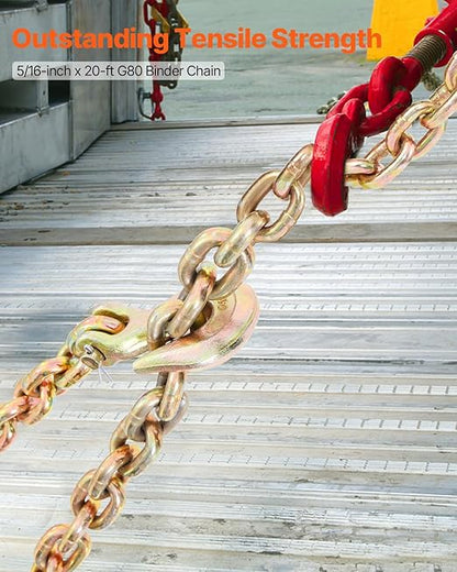VEVOR Transport Binder Chain, 4900lbs Working Load Limit, 5/16''x20' G80 Tow Chain Tie Down with Grab Hooks, DOT Certified, Galvanized Coating Manganese Steel for Dock Factory Construction Site, 2Pack