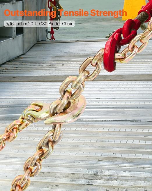 VEVOR Transport Binder Chain, 4900lbs Working Load Limit, 5/16''x20' G80 Tow Chain Tie Down with Grab Hooks, DOT Certified, Galvanized Coating Manganese Steel for Dock Factory Construction Site, 2Pack