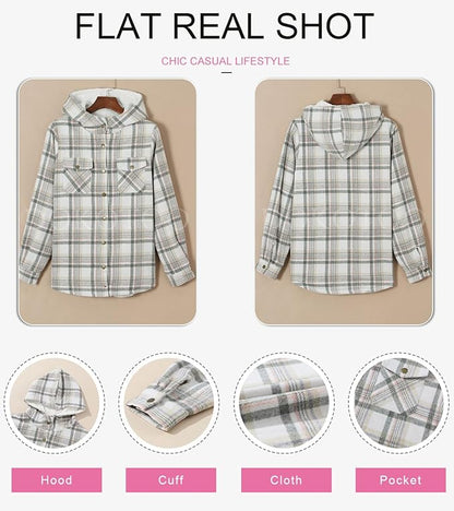 Dokotoo Womens Plaid Shacket Jacket Long Sleeve Button Down Fleece Hooded Jackets Warm Coat