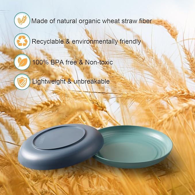 HEYCOME 12 Pcs Unbreakable Deep Dinner Plates Set, 9 inch Reusable Plastic Wheat Straw Plates, Microwave and Dishwasher Safe Plate for Kitchen, Lightweight Plate for Dessert, BPA Free, 4 Colors