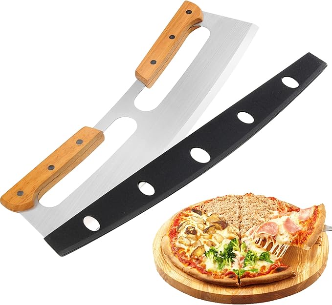 Pizza Cutter Rocker with Wooden Handles  Protective Cover, 14" Sharp Stainless Steel Pizza Slicer Wheel, Big Pizza Knife Cutters for Kitchen Tool (14inch)