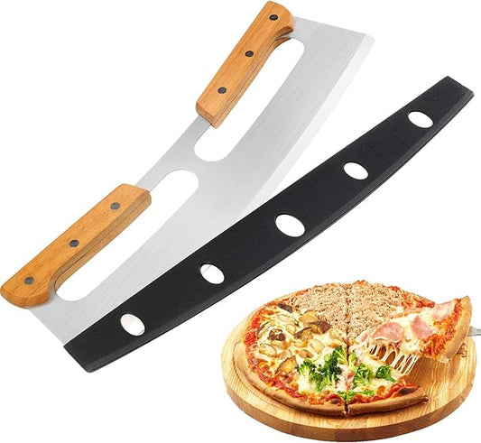 Pizza Cutter Rocker with Wooden Handles  Protective Cover, 14" Sharp Stainless Steel Pizza Slicer Wheel, Big Pizza Knife Cutters for Kitchen Tool (14inch)