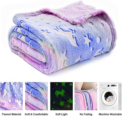 Unicorn Glow in The Dark Blanket for GirlsKids Age 3-12, Soft Fleece Throw - 40"x60"