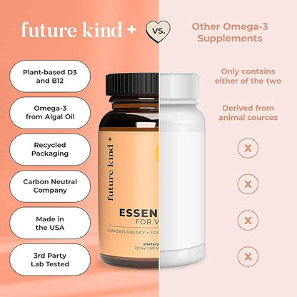 Future Kind Vegan Multivitamins - Glass Bottle  Made for Vegans with Omega 3 DHA, EPA, Vitamin B12  D3 for Energy, Focus,  Mood (60 Softgels)