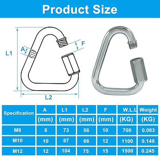 2 Pack M8 Heavy Duty Triangle Quick Links, 2.9" Stainless Steel Carabiners with Triangular Locking Hooks, Quick Connects for Camping  Outdoor Gear