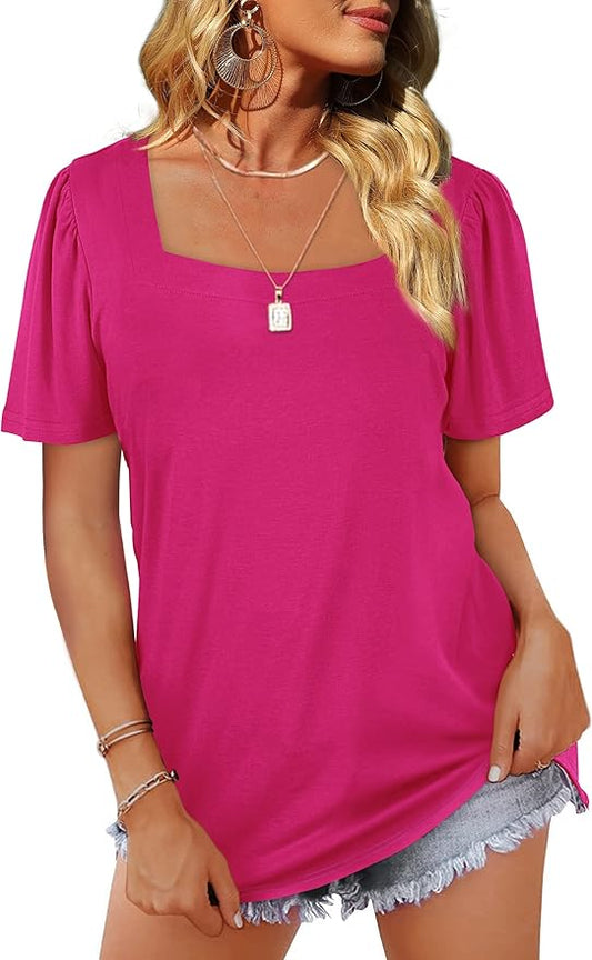 WIHOLL Womens Summer Tops Casual Square Neck Puff Short Sleeve T Shirts