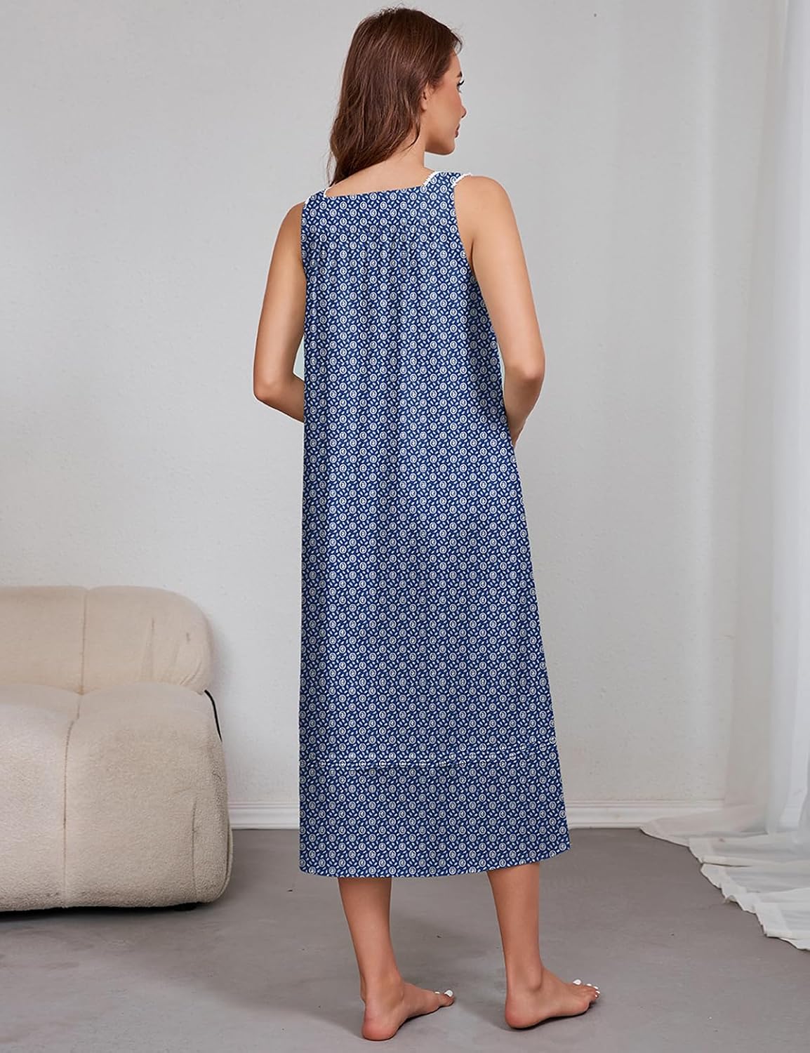 MZROCR Women's 100% Cotton Nightgown Sleeveless Night Gown with Square Neck & Buttons, A-Line Woven Night Dress for Women