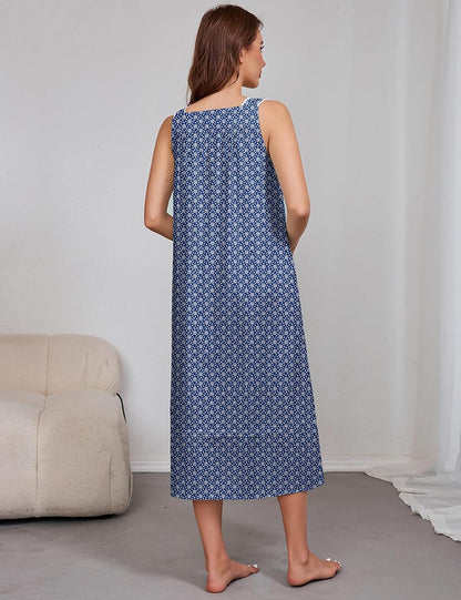 MZROCR Women's 100% Cotton Nightgown Sleeveless Night Gown with Square Neck & Buttons, A-Line Woven Night Dress for Women