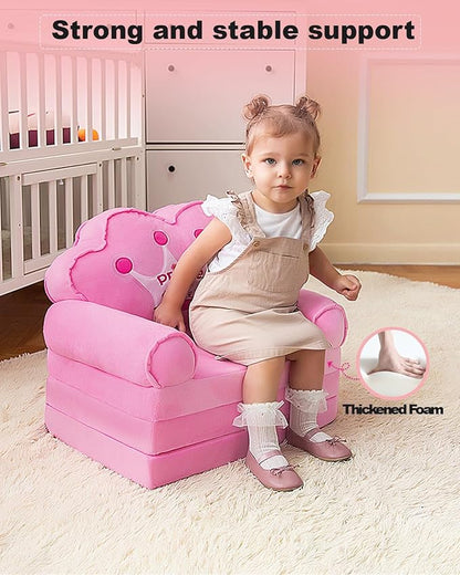 MOONBEEKI Kids Couch Fold Out, Foldable Princess Chair for Toddlers 1-3, Sofa Bed for Kids Folding Toddler Bed Lounger Chair for Bedroom (Pink)