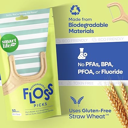 SmartLifeco Biodegradable Dental Floss Picks - Plant Based Handle, Thin Thread Tooth Flossers for Adults  Kids, Eco Friendly Toothpick Soft on Gum  Teeth, Compostable Zero Waste Vegan, 1 Bag - 50pk