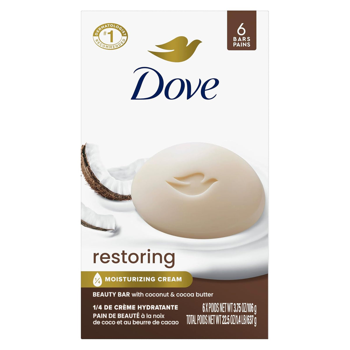Dove Beauty Bar Soap Restoring Coconut & Cocoa Butter 5 Count for Restored Skin, Nourishes Skin 3.75 oz