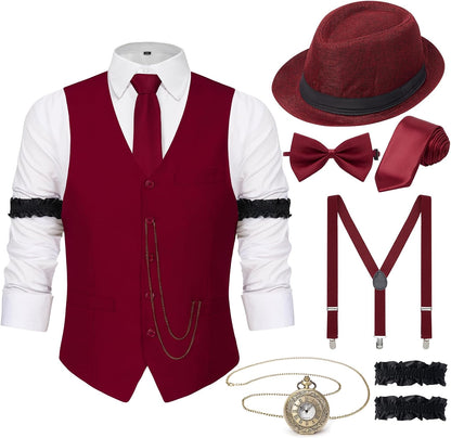 1920s Mens Costume,1920 Mens Outfit,Roaring 20s Costumes for Men,1920s Hat Vest Pocket Watch Suspenders Tie