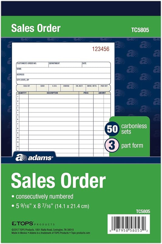 Adams Sales Order Book, 3-Part Carbonless, White/Canary/Pink, 5-9/16" x 8-7/16", 50 Sets (TC5805)