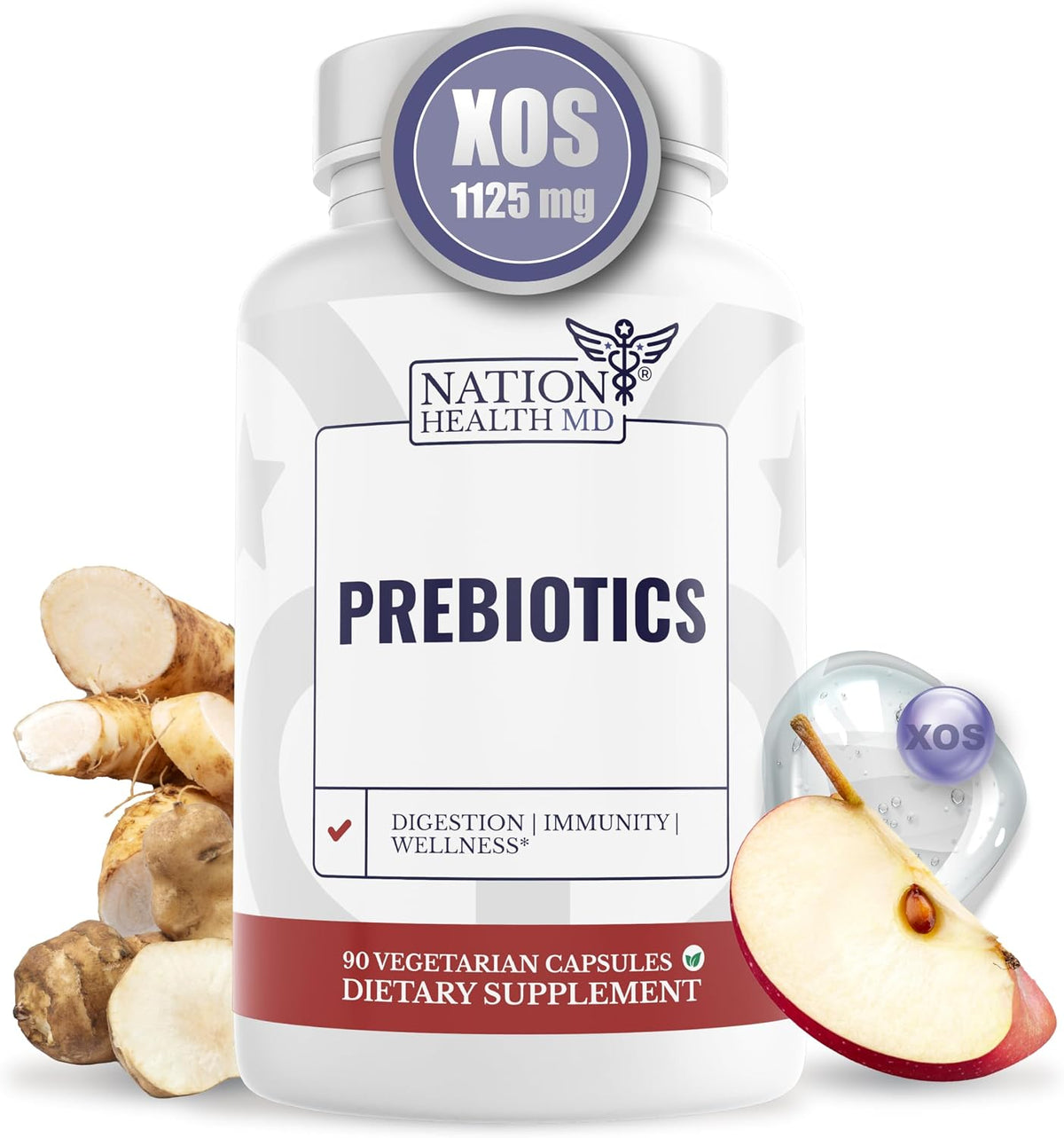 NATION HEALTH MD Prebiotics for Women & Men, Supplement for Gut Health | Prebiotic Fiber with XOS, Inulin, Chicory Root, Jerusalem Artichoke, Digestive Health Prebiotics for Women & Men. 90 Capsules