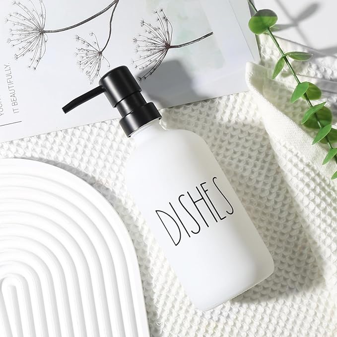Dish Soap Dispenser, Matte White Soap Dispenser for Kitchen, Glass Dishes Soap Dispenser with Plastic Pump, 17 Fl Oz Refillable Liquid Soap Bottle Container, Farmhouse Kitchen Decor