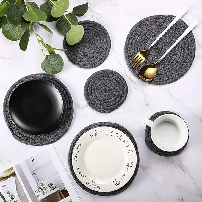 Round Trivet Weave Pad for Kitchen Thread Pot Holders for Hot Dishes/Pot/Bowl/Teapot/Hot Pot Set of 1 Cotton Braided 7 Inches Dining Table Trivet Dark Grey