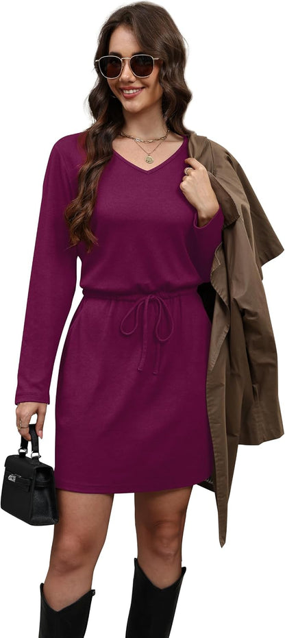 OFEEFAN Fall Dresses for Women 2025 Loose V Neck Long Sleeve T Shirts Casual Sundresses Tie Front A-Line Dresses