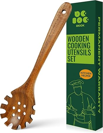 Natural Nonstick Teak Wood Pasta Fork, Noodle Spaghetti Spoon Server, Handmade Strainer Slotted Spoon Skimmer Spoons