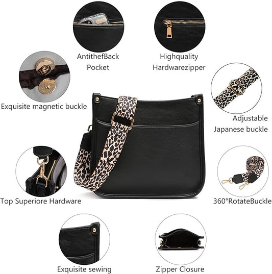 KOGTLA Women's Crossbody Shoulder Bag with Leopard Guitar Strap,Vegan Faux Leather Purse Handbag Bucket Tote Bag