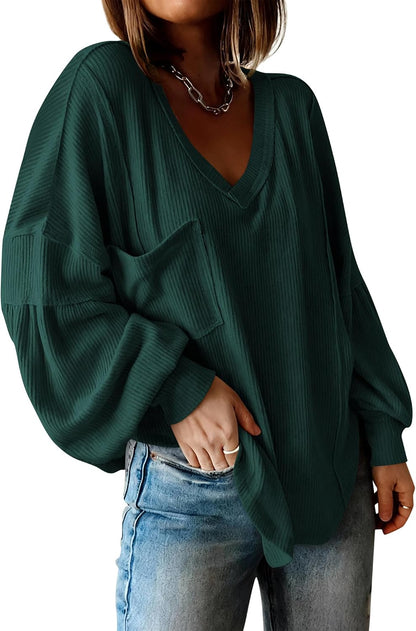 BTFBM Womens Fall Fashion 2025 Long Sleeve Shirts Casual V Neck Ribbed Knit Blouses Pullover Trendy Loose Fit Tunic Tops