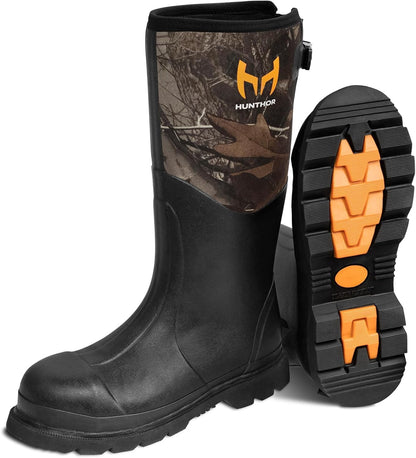 Rubber Work Boots, Puncture-Proof with Steel Toe & Shank, Waterproof Insulated 6mm Neoprene Hunting Boots for Farming, Construction, Gardening, Fishing, Outdoor Work (Size 6-14)