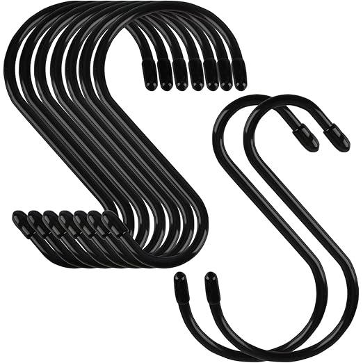 12 Pack 4 inch Vinyl Coated S Hooks with Rubber Stopper Non Slip Heavy Duty S Hook, Metal Steel Black Rubber Coated Closet S Hooks for Hanging Jeans Plants Jewelry Towels Pot Pan Cups