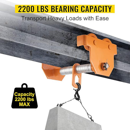 VEVOR 2200LBS 1 Push Manual 2200LBS1 Ton Load Capacity Beam Trolley with Dual Wheels 2.5-8 inch Adjustable Width, Orange