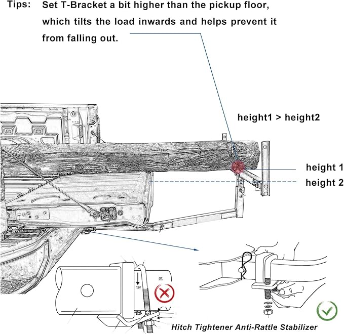 koxuyim Trailer hitches for Truck (2-in-1 Design Work with Pick Up Truck  SUV for Ladder, Rack, Canoe, Kayak, Long Pipes and Lumber) 70231 with Hitch Tightener Anti Rattle Stabilizer