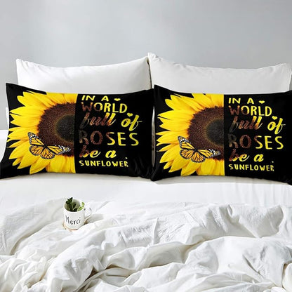 Erosebridal Sunflower Butterfly Pillow Case for Girls Yellow Floral Queen Size Boho ,Black