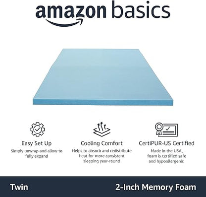 Basics Twin Mattress Topper, Cooling Gel-Infused, CertiPUR-US Certified, 2 Inches, Blue