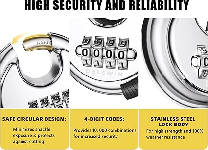 DELSWIN 4 Digit Combination Lock with Hardened Steel Shackle Combo Padlock for Sheds,Gym Locker,Storage Unit,Gate and Fence (1 Pcs)