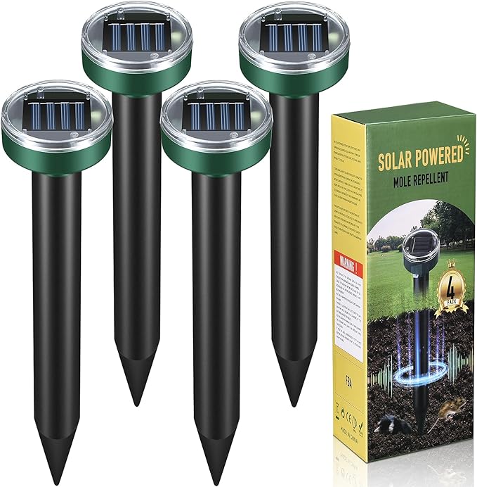 Mole Repellent Solar Powered Gopher Repellent Ultrasonic Solar Powered Sonic Mole Deterrent Stakes, Snake Groundhog Repellent for Yard, Garden, Lawn (4 Pack)