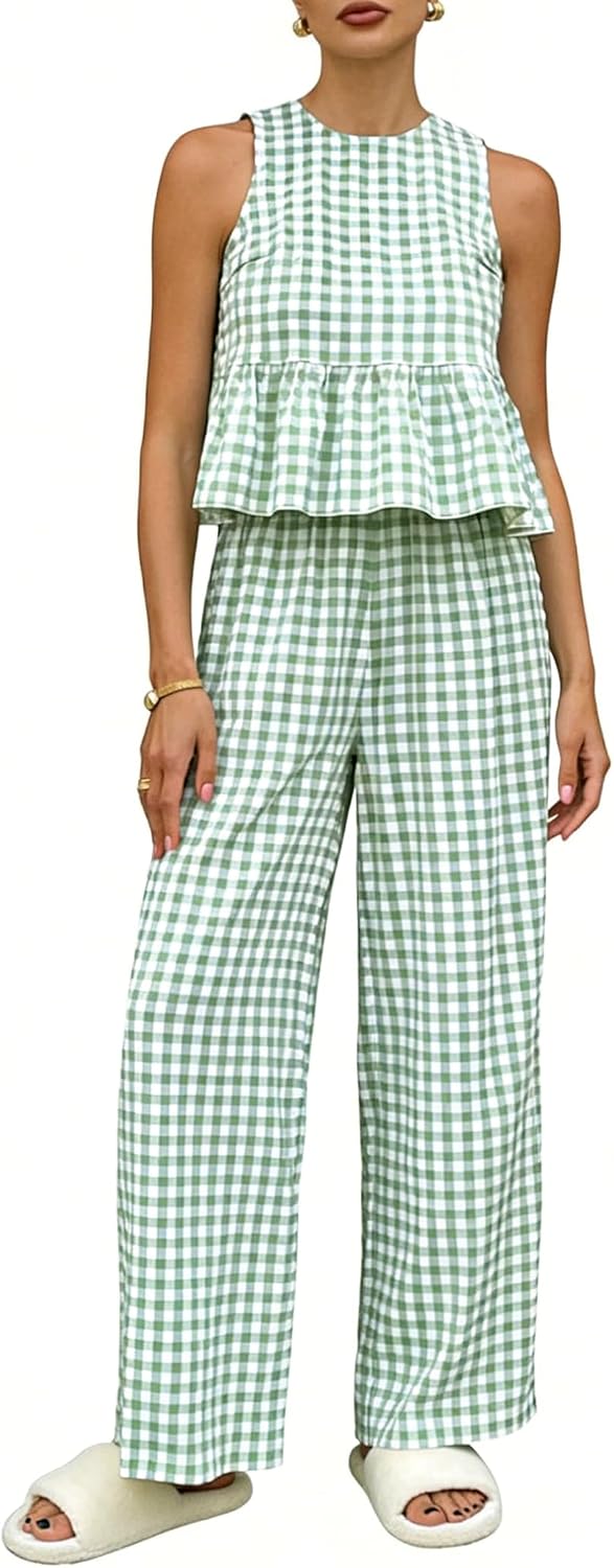 KCVVA Womens 2 Piece Gingham Set Cute Plaid Open Back Ruffle Outfits Tops and Pants Vacation Matching Lounge Sets.