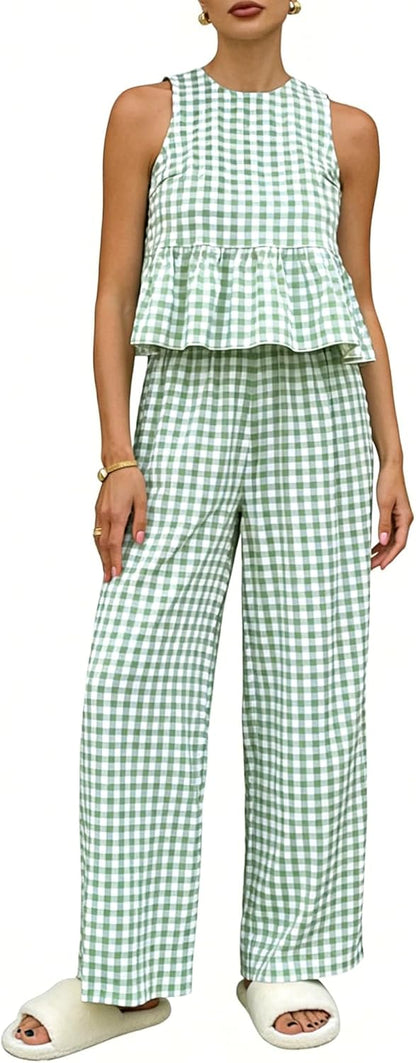 KCVVA Womens 2 Piece Gingham Set Cute Plaid Open Back Ruffle Outfits Tops and Pants Vacation Matching Lounge Sets.