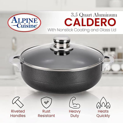 Alpine Cuisine 3.5 Quart Nonstick Cauldron with Glass Lid Multipurpose Aluminum Dutch Oven for Braising - Boiling - Stewing Nonstick Coating with Black Finish