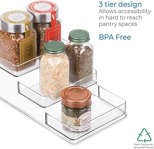 iDesign Recycled Plastic 3-Tier Stadium Spice Rack Organizer for Kitchen, Fridge, Freezer, Pantry and Cabinet Organization, The Linus Collection  6.25" x 4" x 1.25", Clear