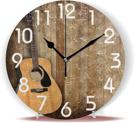 Naanle 3D Retro Wooden Board Guitar Round Wall Clock, 9.5 Inch Battery Operated Quartz Analog Quiet Desk Clock for Home,Kitchen,Office,School,Bathroom