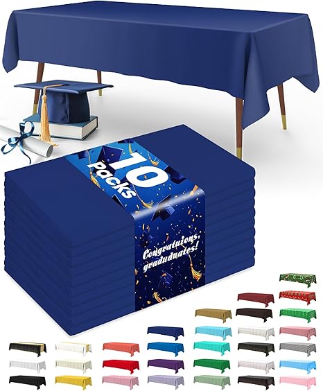 Pureegg Plastic Table Cloth Disposable 10 Pack, 54 x 108 Inch Table Cloths, Graduation Decorations Class of 2025, Graduation Party Tablecloths for Rectangle Tables, Leakproof  Sturdy, Navy Blue