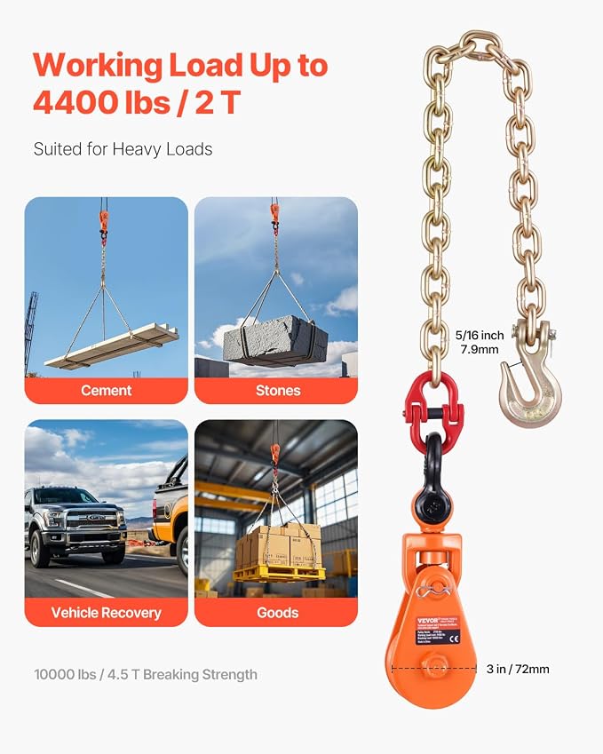 VEVOR 2 Ton Snatch Block with G80 Chain, Swivel Shackle, 3" Sheave for 3/8" Wire Rope, Snatch Block Pulley for Towing and Recovery Applications on Flatbed Tow Truck Rollback Wrecker Car Carrier Cable