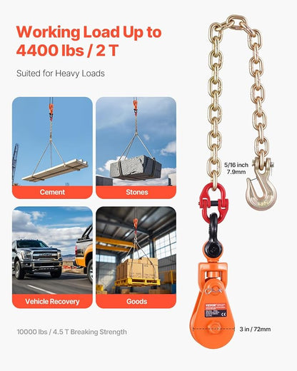 VEVOR 2 Ton Snatch Block with G80 Chain, Swivel Shackle, 3" Sheave for 3/8" Wire Rope, Snatch Block Pulley for Towing and Recovery Applications on Flatbed Tow Truck Rollback Wrecker Car Carrier Cable