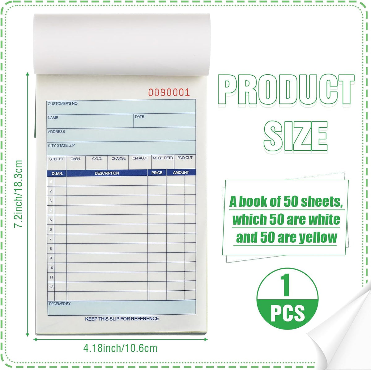 1 Pads Sales Order Books 2 Part Carbonless (White/Canary Yellow) Receipt with Carbon Copies Cover Receipt Form Invoice 50 Sets Per Book (4.18 x 7.2 Inch/ 10.6 x 18.3 Cm)