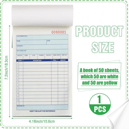 1 Pads Sales Order Books 2 Part Carbonless (White/Canary Yellow) Receipt with Carbon Copies Cover Receipt Form Invoice 50 Sets Per Book (4.18 x 7.2 Inch/ 10.6 x 18.3 Cm)