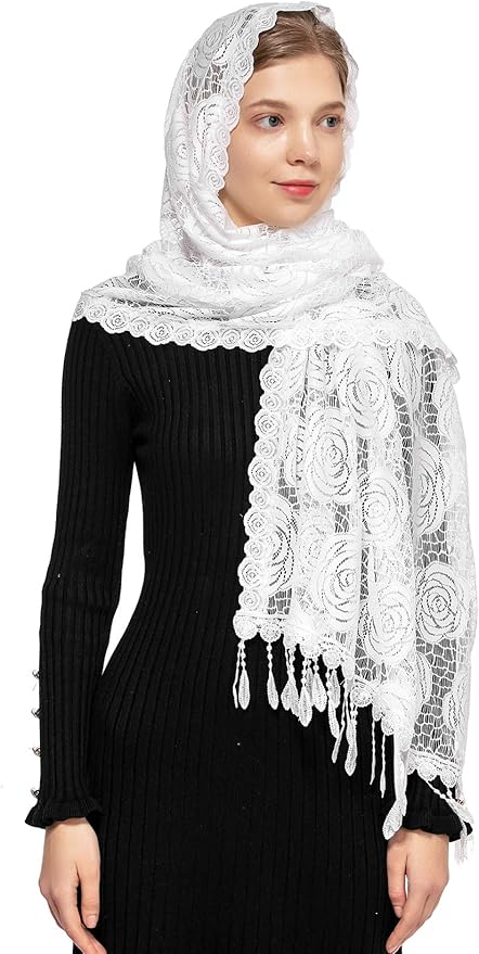 Wgior Rose Rectangular Chapel Veil Scarf Catholic Church Veils Mantilla Wrap Shawl Mass Head Covering