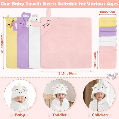 CandyHome 12 PCS Baby Bath Towels for Infants Toddlers, 4 PCS Animal Hooded Baby Towels & 8 PCS Washcloths Set, Ultra Absorbent Soft Cute Newborn Bath Essential Gifts for Boys & Girls