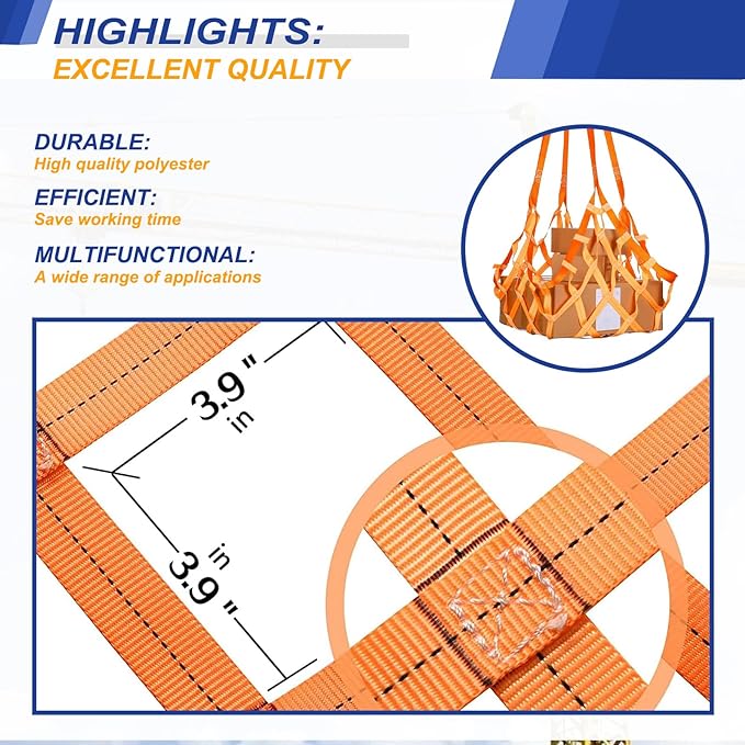 Safety Lifting Net Straps, Flat Nylon Sling Hoisting Net, 3.3' x 3.3'ft Cargo Lifting Nets, Lifting nets and Unloading Heavy Objects(Load:1100lbs) Sling Hoisting Net for Construction Rigging Moving