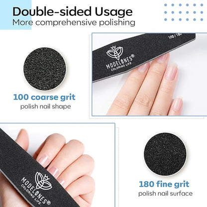 Modelones 8Pcs Nail File and Buffer Set, Professional Double Sided 100180 Grit Gel Nail File Set, Manicure File for Acrylic and Natural Nails, Nail Care kit Tool Nail Supplies for Home and Salon Use