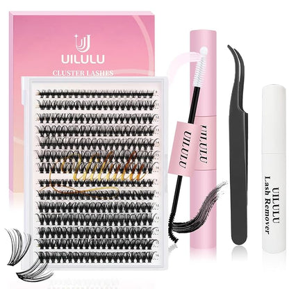 DIY Lash Extension Kit 280pcs Individual Lashes Clusters D Curl Lash Clusters, Lash Kit with Lash Bond and Seal, Remover, Lash Tweezers (30D40D-0.07D-9-16MM Kit)