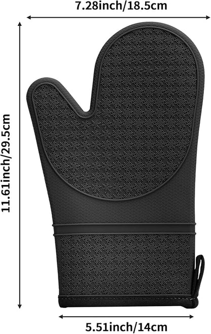Hovico Silicone Oven Mitts, Oven Gloves with Non-Slip Waterproof - 2PCS Black Oven Mittens Heat Resistant 600 Degree, Soft Lining Silicone Oven Mits for Cooking Baking Kitchen Mitten