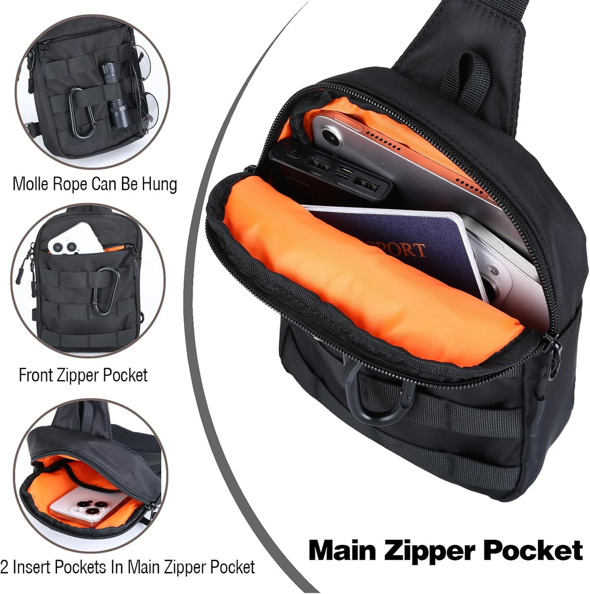 Small Sling Bag for Men Women, Tactical Bag Waterproof Dual Pocket Mini Chest Crossbody Bag Shoulder Bag for Travel Work Sport