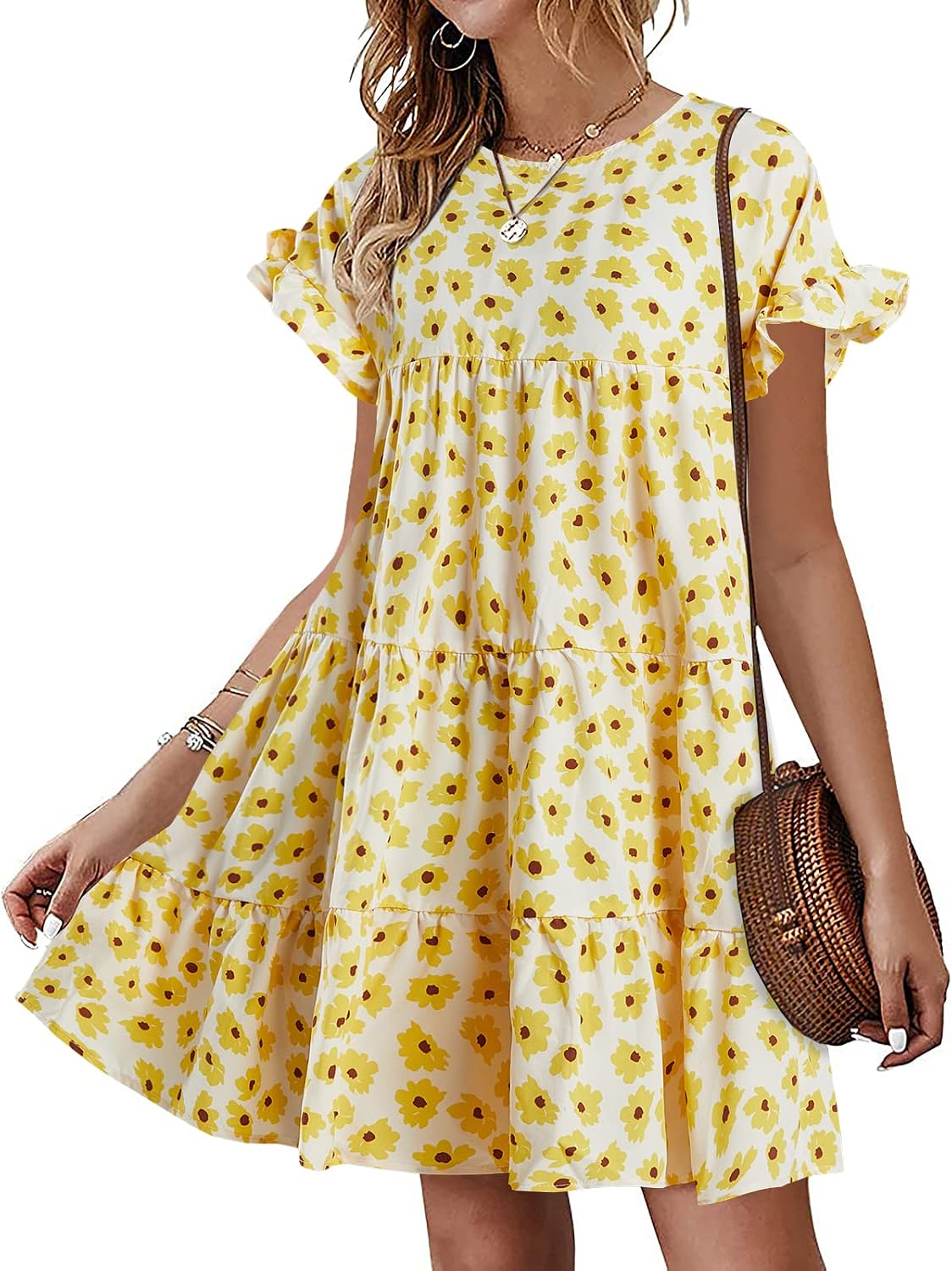 Womens Boho Floral Ruffle Sleeve Babydoll Loose Flowy Casual Summer Pleated Mini Dress